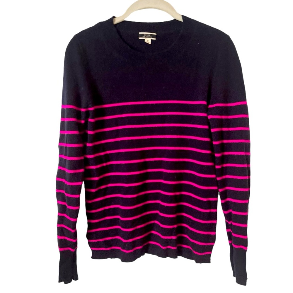J. Crew 100% Cashmere Crewneck in Navy/Hot Pink Stripe S
